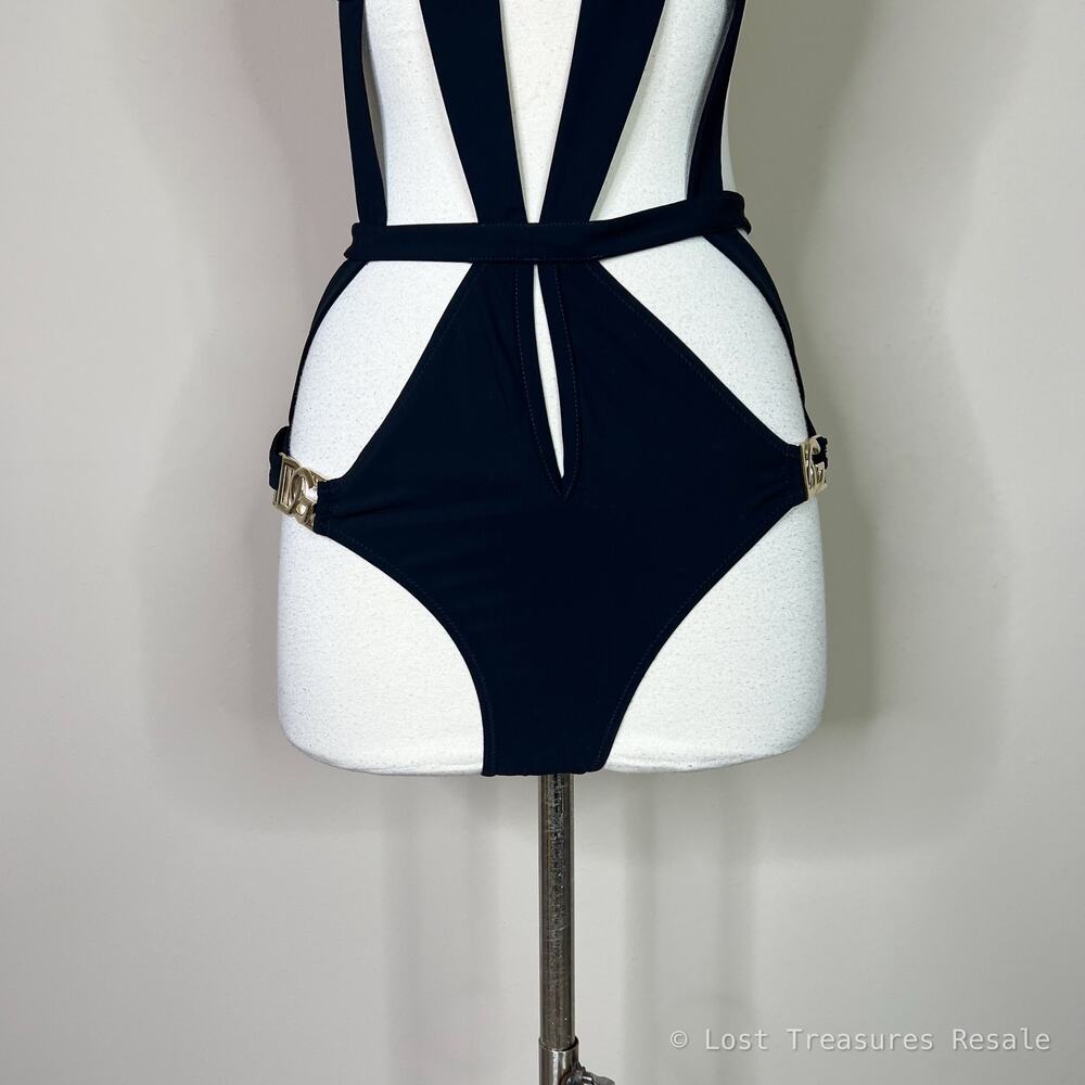 Dolce & Gabbana | Strappy Gold Logo Black Bandeau Designer One Piece Swimsuit M - Picture 4 of 13